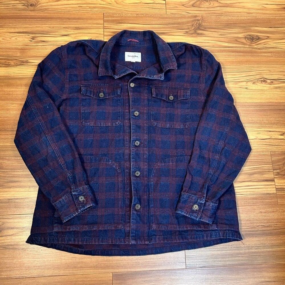 Goodfellow & Co Mens XXL Plaid Flannel Shirt Jacket Blue Burgundy Cotton Shacket